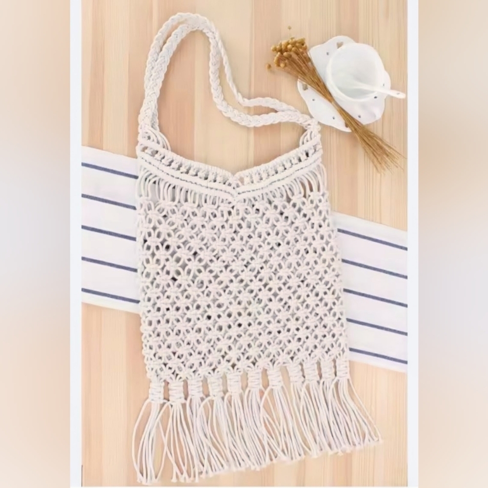 Bohemian Macrame Fringe Shoulder Bag White Cream - Picture 8 of 9
